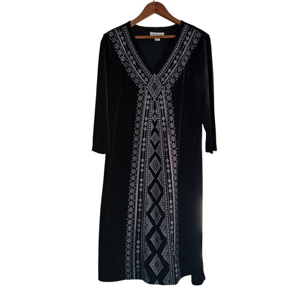 Coldwater Creek Dresses & Skirts - Coldwater Creek Black Velvet Boho Midi Dress with White Embroidery Front Size PM